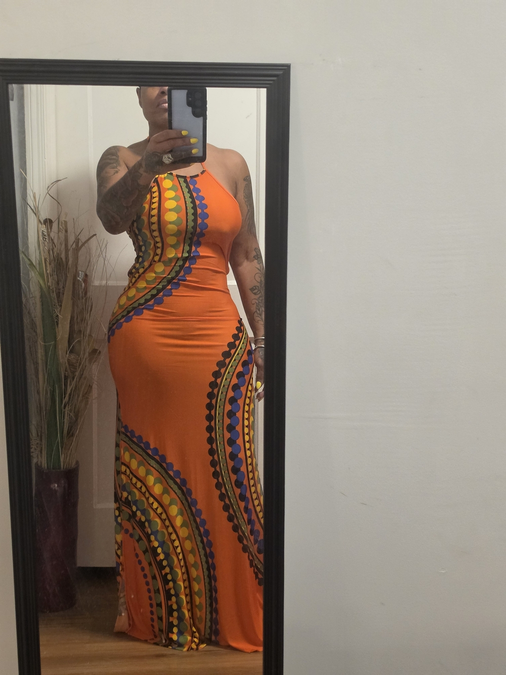 Sleeveless Orange Patterned Maxi Dress